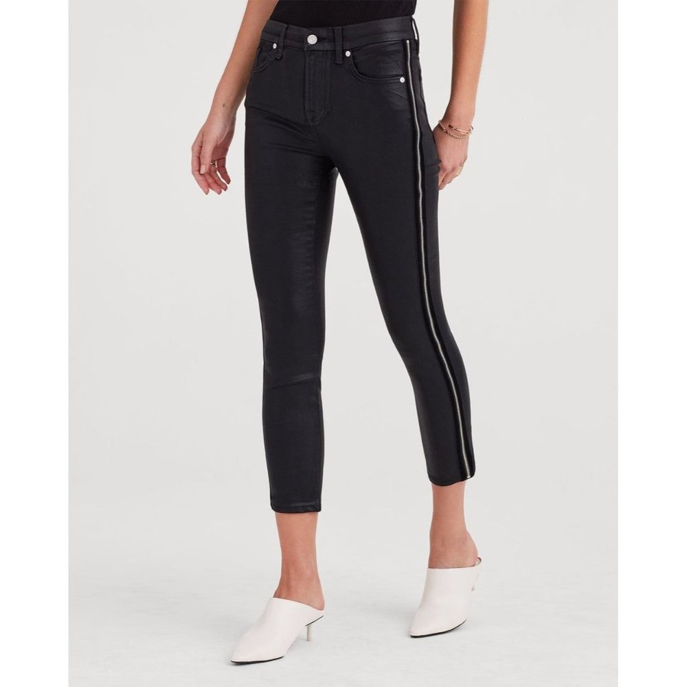 7 FOR ALL MANKIND Denim High Waist Ankle Skinny with Velvet Zipper Tape in Black